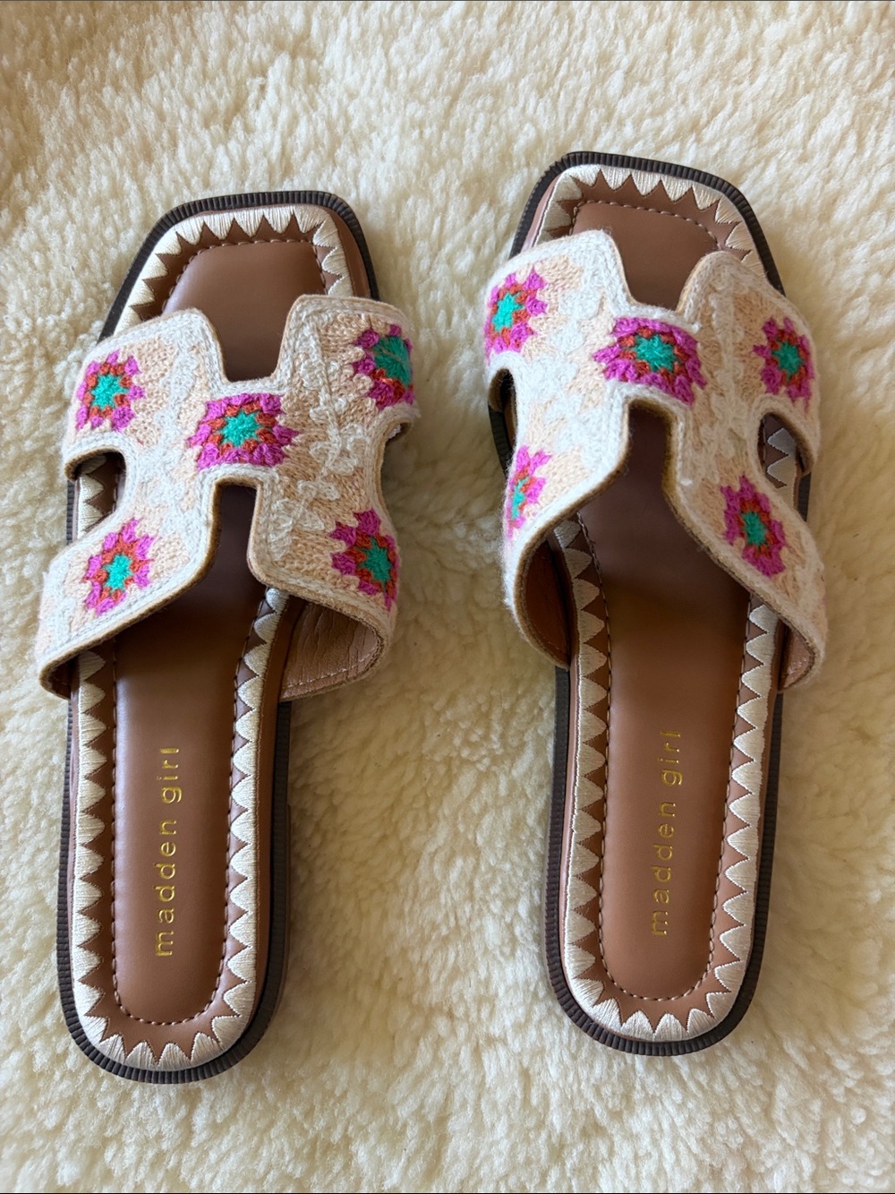 Madden Girl Cream Embroidered Slide Sandals with Pink & Green Accents